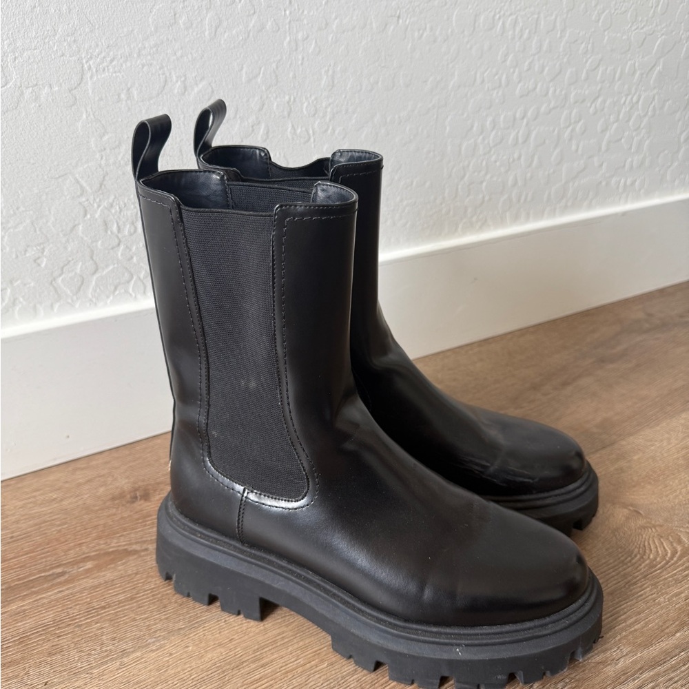 Black Chunky Sole Boots leather tall ankle combat boots